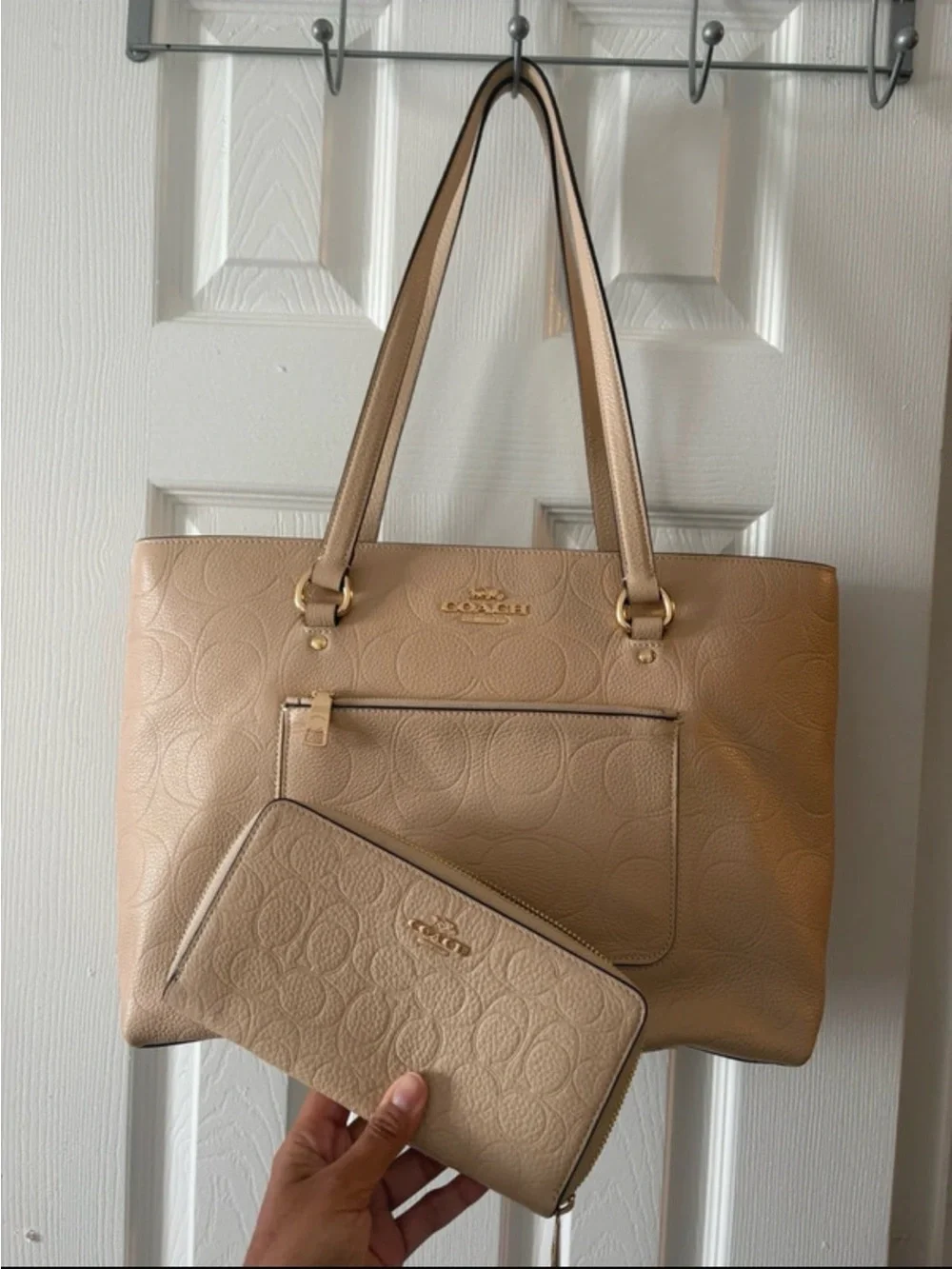 Coach Tan Embossed Leather Tote with Matching Zip Wallet